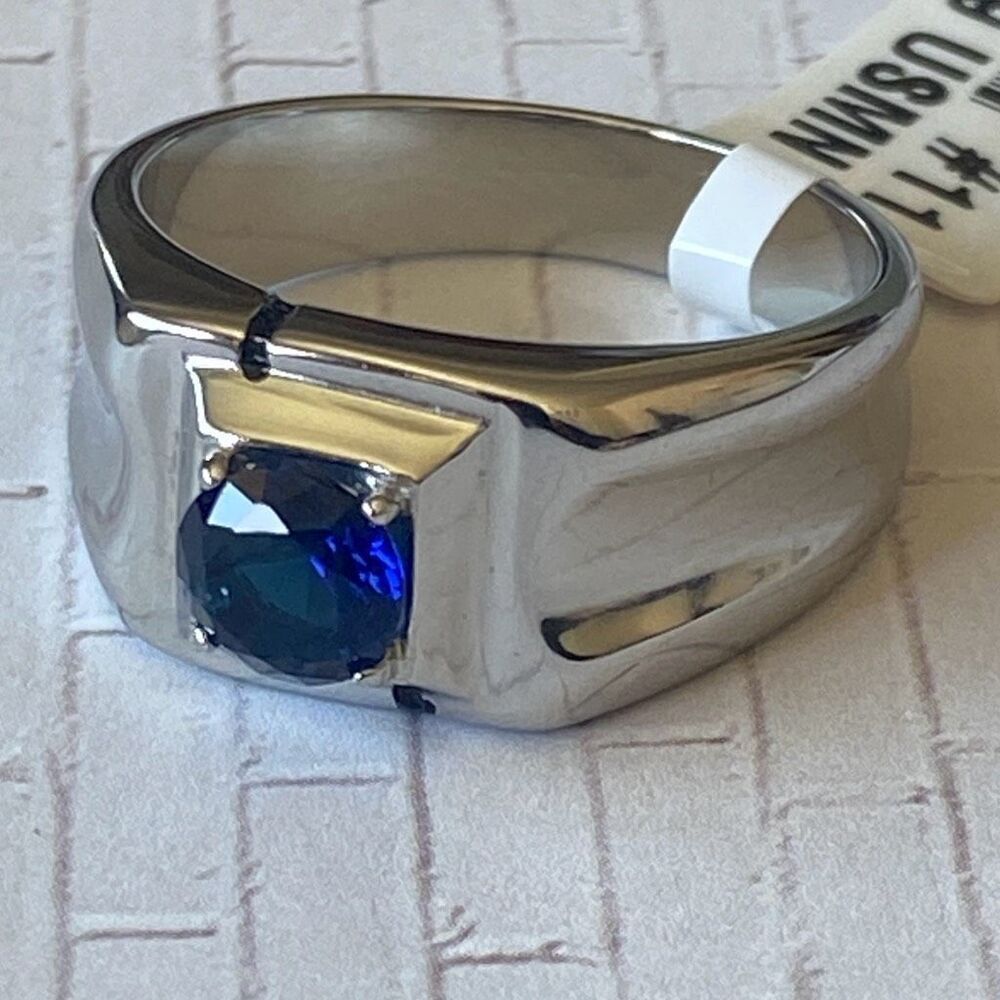 Men’s Stainless Steel Ring Size 11 Blue Stone Signet Style